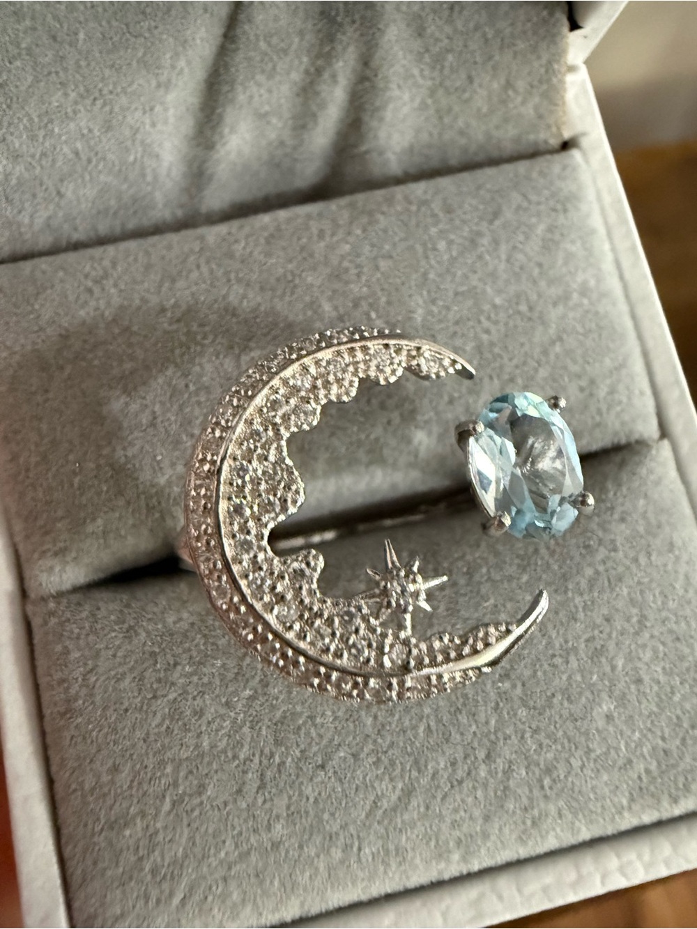 Crescent Moon and Star Open Ring with Blue Topaz and Moissanite - 925 Silver